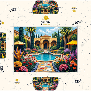 Darstellung des Puzzle Motivs Mediterranean Courtyard Garden with Pool and Colorful Flowers 100 Puzzle Schachtel 3D Modell