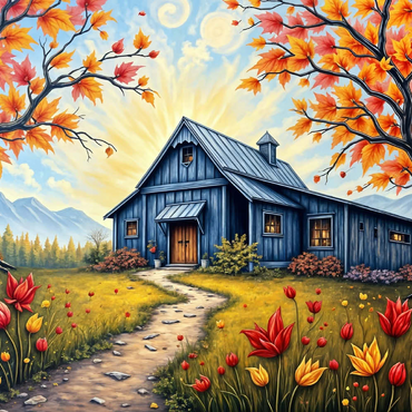 Darstellung des Puzzle Motivs Charming Blue Barn in an Autumn Landscape with Colorful Foliage 100 Puzzle 3D Modell