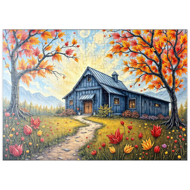 Darstellung des Puzzle Motivs puzzleplate Charming Blue Barn in an Autumn Landscape with Colorful Foliage 200 Puzzle