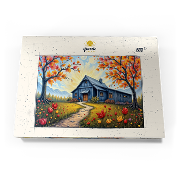 Darstellung des Puzzle Motivs Charming Blue Barn in an Autumn Landscape with Colorful Foliage 500 Puzzle Schachtel Ansicht3