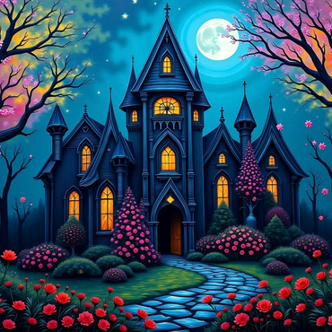 Darstellung des Puzzle Motivs Enchanting Gothic Mansion Under a Full Moon with Blooming Garden 1000 Puzzle 3D Modell
