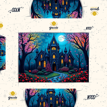 Darstellung des Puzzle Motivs Enchanting Gothic Mansion Under a Full Moon with Blooming Garden 1000 Puzzle Schachtel 3D Modell