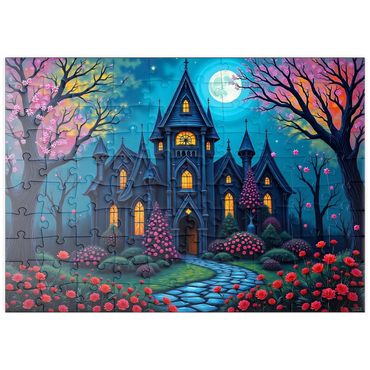 Darstellung des Puzzle Motivs puzzleplate Enchanting Gothic Mansion Under a Full Moon with Blooming Garden 100 Puzzle