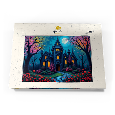 Darstellung des Puzzle Motivs Enchanting Gothic Mansion Under a Full Moon with Blooming Garden 500 Puzzle Schachtel Ansicht3