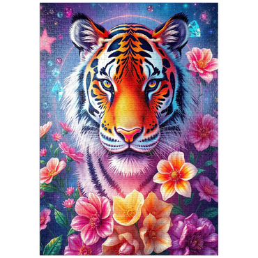 Darstellung des Puzzle Motivs puzzleplate Vibrant Cosmic Tiger with Flowers and Gemstones 1000 Puzzle