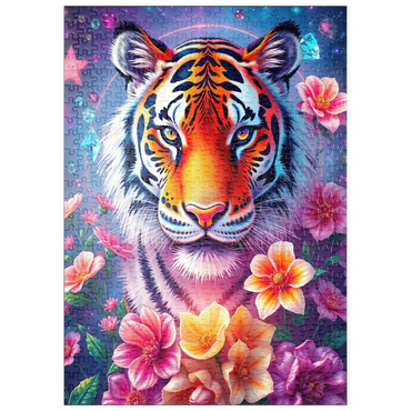 Darstellung des Puzzle Motivs puzzleplate Vibrant Cosmic Tiger with Flowers and Gemstones 500 Puzzle