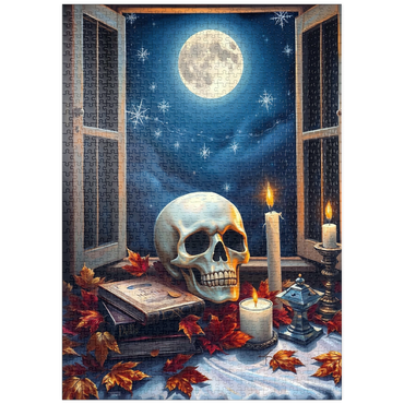 Darstellung des Puzzle Motivs puzzleplate Mystical Still Life with Skull, Candles, and Full Moon 1000 Puzzle