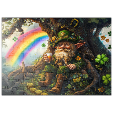 Darstellung des Puzzle Motivs puzzleplate Cheerful Leprechaun with Gold Coins and Rainbow in Enchanted Forest 100 Puzzle