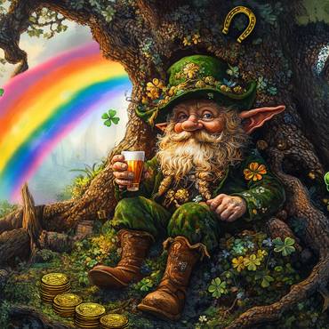 Darstellung des Puzzle Motivs Cheerful Leprechaun with Gold Coins and Rainbow in Enchanted Forest 100 Puzzle 3D Modell