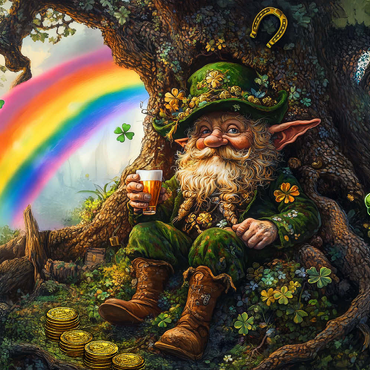 Darstellung des Puzzle Motivs Cheerful Leprechaun with Gold Coins and Rainbow in Enchanted Forest 500 Puzzle 3D Modell