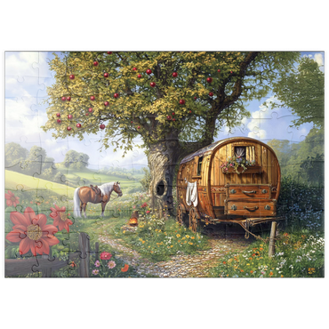 Darstellung des Puzzle Motivs puzzleplate Charming Gypsy Caravan with Horse Under an Apple Tree in Blooming Countryside 100 Puzzle