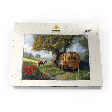 Darstellung des Puzzle Motivs Charming Gypsy Caravan with Horse Under an Apple Tree in Blooming Countryside 500 Puzzle Schachtel Ansicht3