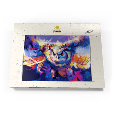 Darstellung des Puzzle Motivs Colorful Great Horned Owl in Flight 1000 Puzzle Schachtel Ansicht3