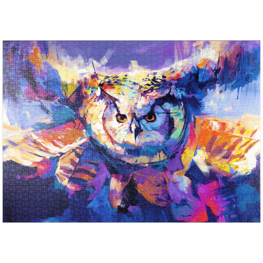 Darstellung des Puzzle Motivs puzzleplate Colorful Great Horned Owl in Flight 1000 Puzzle