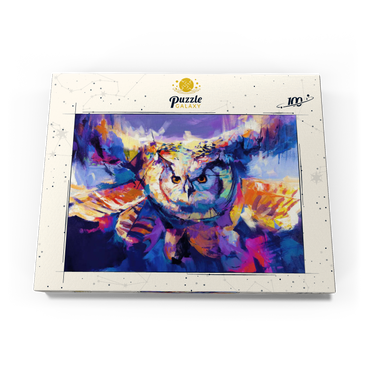 Darstellung des Puzzle Motivs Colorful Great Horned Owl in Flight 100 Puzzle Schachtel Ansicht3