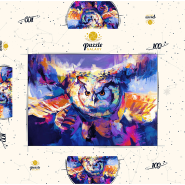 Darstellung des Puzzle Motivs Colorful Great Horned Owl in Flight 100 Puzzle Schachtel 3D Modell