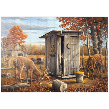 Darstellung des Puzzle Motivs puzzleplate Autumn Deer Surprise at Hunting Cabin 1000 Puzzle