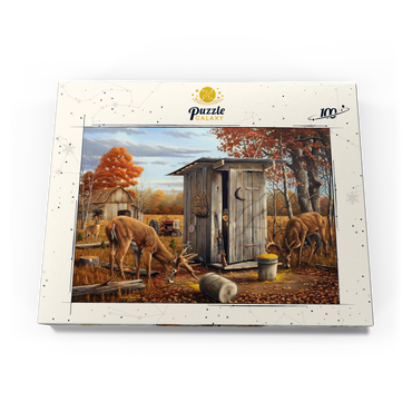 Darstellung des Puzzle Motivs Autumn Deer Surprise at Hunting Cabin 100 Puzzle Schachtel Ansicht3