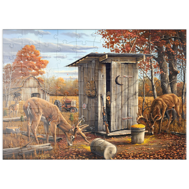 Darstellung des Puzzle Motivs puzzleplate Autumn Deer Surprise at Hunting Cabin 100 Puzzle