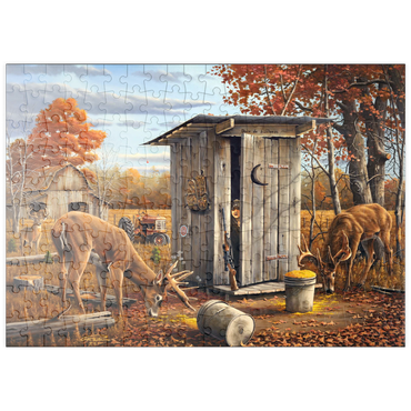 Darstellung des Puzzle Motivs puzzleplate Autumn Deer Surprise at Hunting Cabin 200 Puzzle