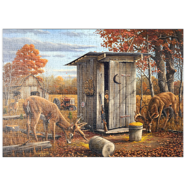 Darstellung des Puzzle Motivs puzzleplate Autumn Deer Surprise at Hunting Cabin 500 Puzzle