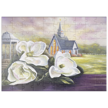 Darstellung des Puzzle Motivs puzzleplate Southern Magnolia Blooms and Country Chapel 100 Puzzle