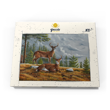 Darstellung des Puzzle Motivs Alert White-Tailed Deer in Autumn Pines 100 Puzzle Schachtel Ansicht3