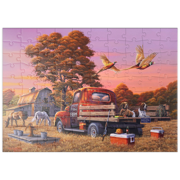 Darstellung des Puzzle Motivs puzzleplate Autumn Farmyard with Pheasants and Vintage Truck 100 Puzzle