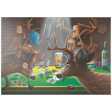 Darstellung des Puzzle Motivs puzzleplate Whitetail Bucks Playing Poker Indoors 1000 Puzzle