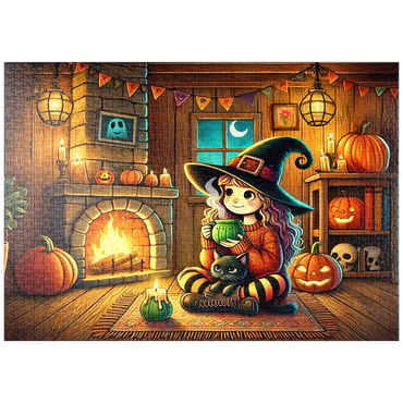 Darstellung des Puzzle Motivs puzzleplate Cozy Halloween Witch with Black Cat by Fireplace 1000 Puzzle