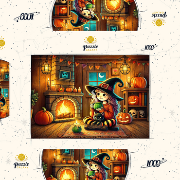 Darstellung des Puzzle Motivs Cozy Halloween Witch with Black Cat by Fireplace 1000 Puzzle Schachtel 3D Modell