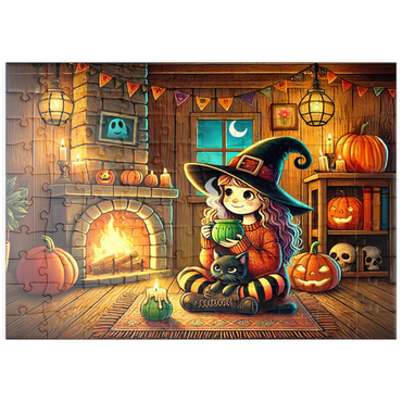 Darstellung des Puzzle Motivs puzzleplate Cozy Halloween Witch with Black Cat by Fireplace 100 Puzzle