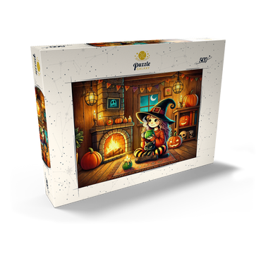 Darstellung des Puzzle Motivs Cozy Halloween Witch with Black Cat by Fireplace 500 Puzzle Schachtel Ansicht2