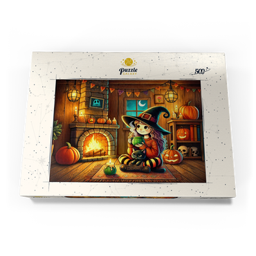 Darstellung des Puzzle Motivs Cozy Halloween Witch with Black Cat by Fireplace 500 Puzzle Schachtel Ansicht3
