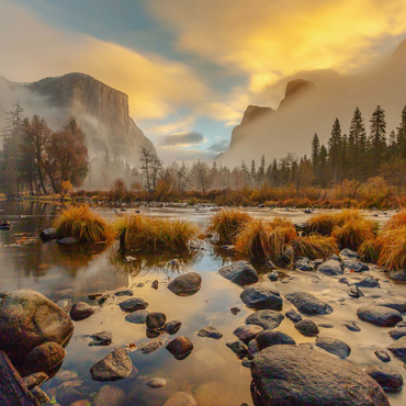 Darstellung des Puzzle Motivs Yosemite Valley at Sunrise with Mist and Reflections 100 Puzzle 3D Modell