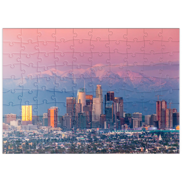 Darstellung des Puzzle Motivs puzzleplate Los Angeles Skyline at Sunset with Snowy Mountains 100 Puzzle