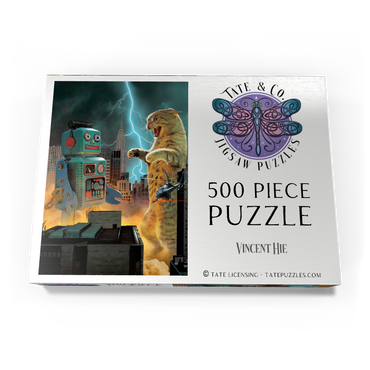 Darstellung des Puzzle Motivs Catzilla Vs Robot Movie Cats- Vincent Hie 500 Puzzle Schachtel Ansicht3