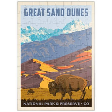 Darstellung des Puzzle Motivs puzzleplate Great Sand Dunes National Park: Bison, Vintage Poster 100 Puzzle