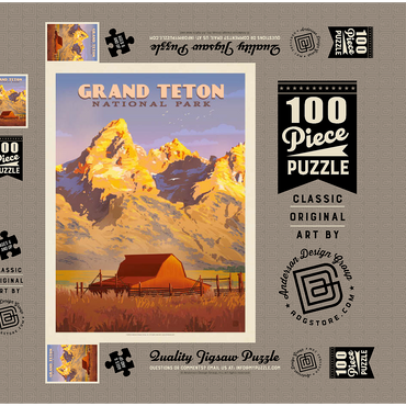 Darstellung des Puzzle Motivs Grand Teton National Park: Barn, Vintage Poster 100 Puzzle Schachtel 3D Modell