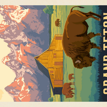 Darstellung des Puzzle Motivs Grand Teton National Park: Bison & Barn, Vintage Poster 1000 Puzzle 3D Modell
