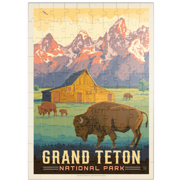 Darstellung des Puzzle Motivs puzzleplate Grand Teton National Park: Bison & Barn, Vintage Poster 100 Puzzle