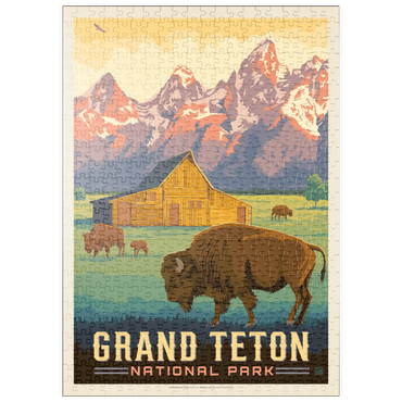 Darstellung des Puzzle Motivs puzzleplate Grand Teton National Park: Bison & Barn, Vintage Poster 500 Puzzle