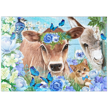 Darstellung des Puzzle Motivs puzzleplate Blue Blossom Buddies Cow Donkey Cat - Sheena Pike 1000 Puzzle