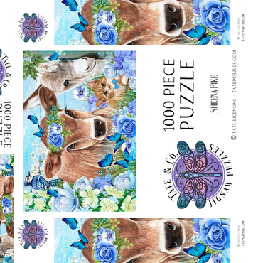 Darstellung des Puzzle Motivs Blue Blossom Buddies Cow Donkey Cat - Sheena Pike 1000 Puzzle Schachtel 3D Modell