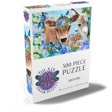 Darstellung des Puzzle Motivs Blue Blossom Buddies Cow Donkey Cat - Sheena Pike 500 Puzzle Schachtel Ansicht2