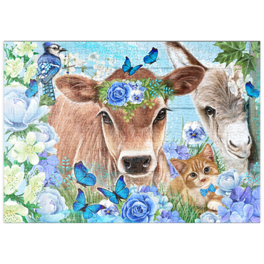 Darstellung des Puzzle Motivs puzzleplate Blue Blossom Buddies Cow Donkey Cat - Sheena Pike 500 Puzzle