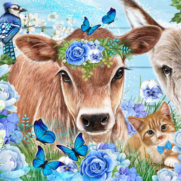 Darstellung des Puzzle Motivs Blue Blossom Buddies Cow Donkey Cat - Sheena Pike 500 Puzzle 3D Modell