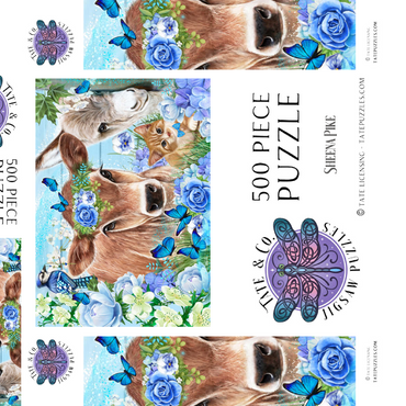 Darstellung des Puzzle Motivs Blue Blossom Buddies Cow Donkey Cat - Sheena Pike 500 Puzzle Schachtel 3D Modell