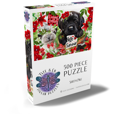 Darstellung des Puzzle Motivs Red Blossom Buddies Puppy Cat HummingBird - Sheena Pike 500 Puzzle Schachtel Ansicht2
