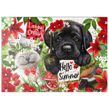 Darstellung des Puzzle Motivs puzzleplate Red Blossom Buddies Puppy Cat HummingBird - Sheena Pike 500 Puzzle